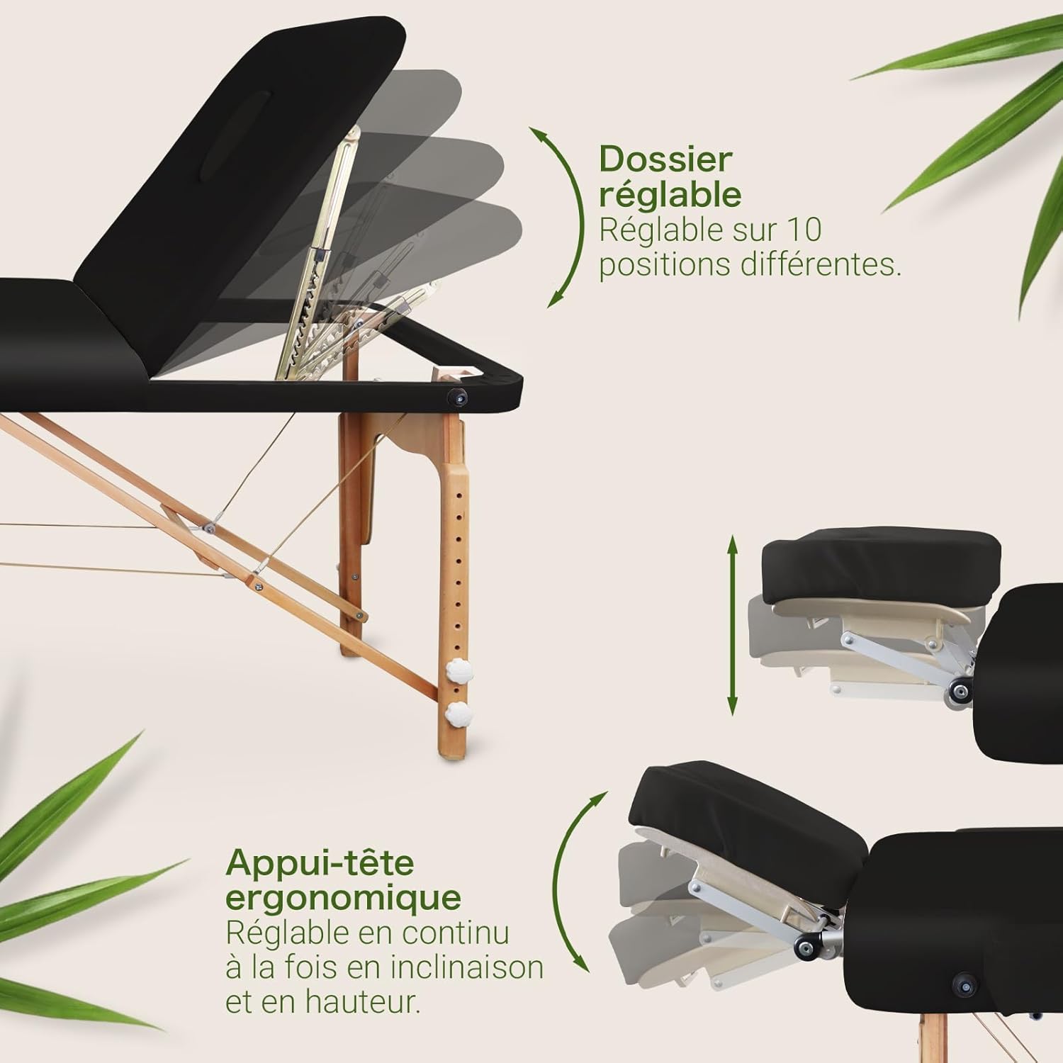 MASSUNDA All INKL Chaise de Massage Pliante et réglable en Hauteur – Table de Massage Mobile en Bois Massif avec Housse en éponge, accoudoirs et dossiers, appuie-tête Ergonomique (Noir)