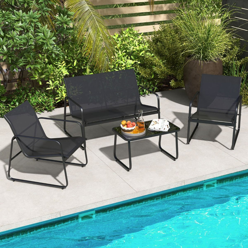 Salon de Jardin 4 Pices avec 2 Chaises Table en Verre Tremp et Causeuse Meuble Extrieur en Tissu Respirant Cadre Mtallique Noir -