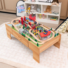 Table Circuit Train en Bois 100 Accessoires avec Tiroir de Rangement Jouet Educative pour Enfants 3 Ans + -