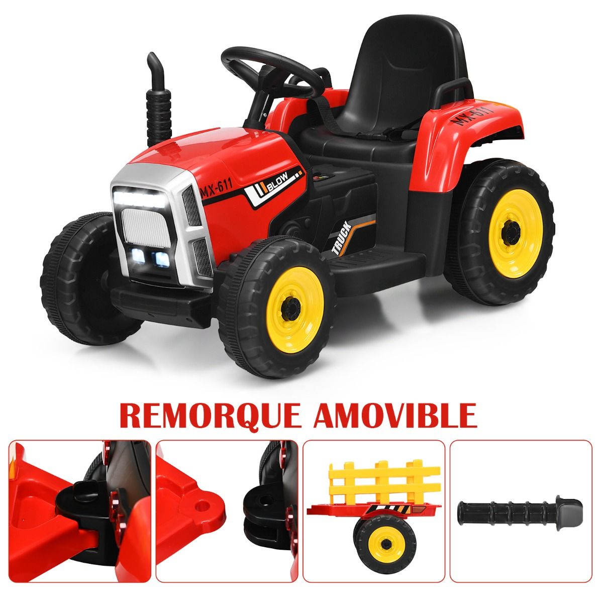 Tracteur Electrique avec Remorque pour Enfants 3 Vitesses Lumières LED Fonctions o USB et Bluetooth Jaune/Rose/Rouge/Vert/Vert Foncé/Noir -