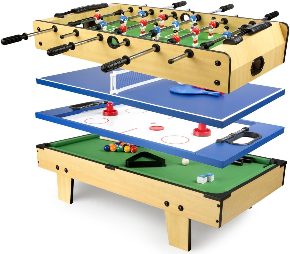 Leomark Table de Babyfoot 4 in 1 Multifonctionnel Jeu de Football,Bilard, Tenis, Hockey Baby-Foot, Baby Foot Table En Bois Jeu de Football Petite Taille Universel