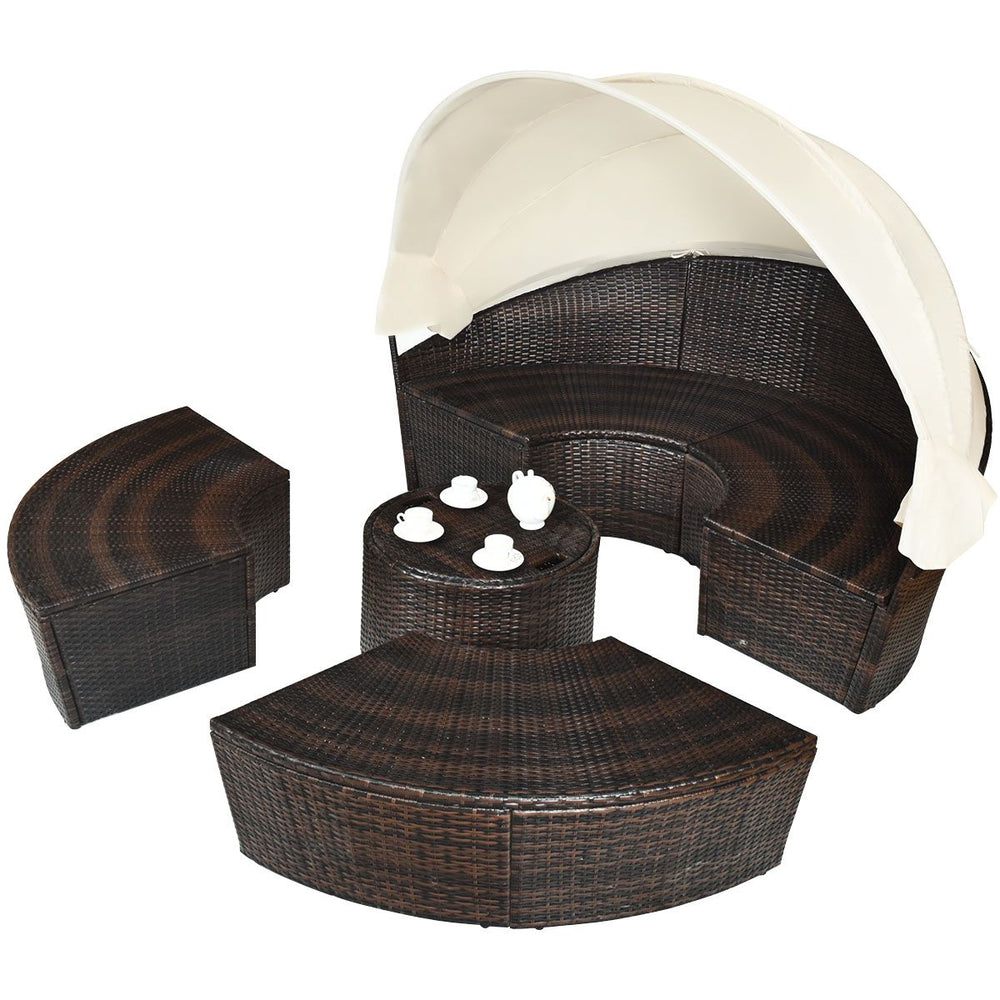 Lit de Jardin Rond d'Exterieur Table Relevable Modulable & Convertible - Pare Soleil Réglable rotin PE Coussins Inclus Beige -