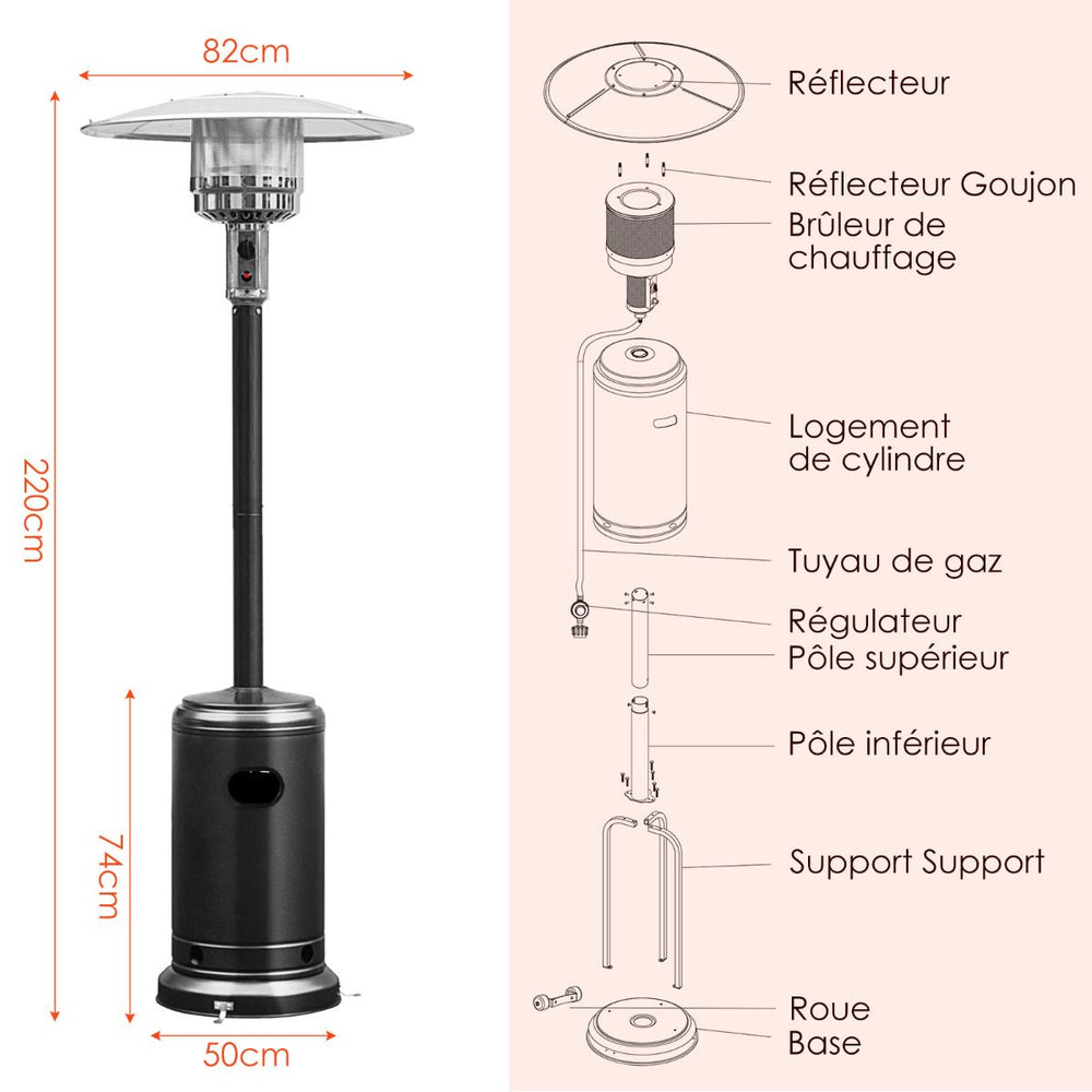Parasol Chauffage Extrieur  Gaz 13KW Rflecteur 82cm avec Dispositif de Anti-basculement Tube 2 Roues Fluide 220cm Noir -