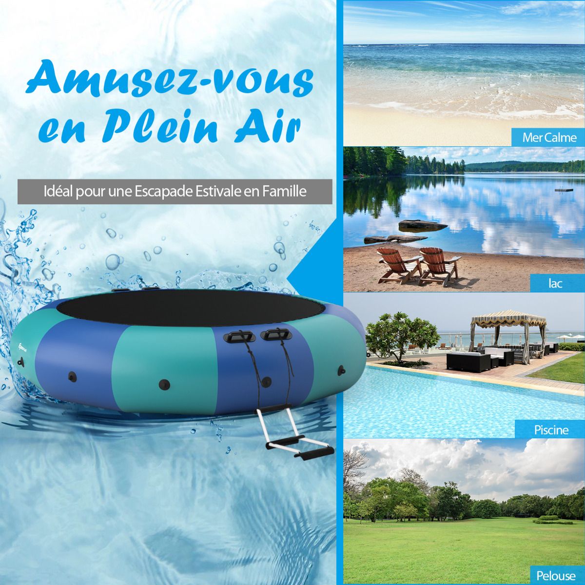 Trampoline Aquatique Gonflable Dia.457cm Capacit de 150kg avec Kit de Rparation Echelle et Gonfleur Electrique 500w Bleu -