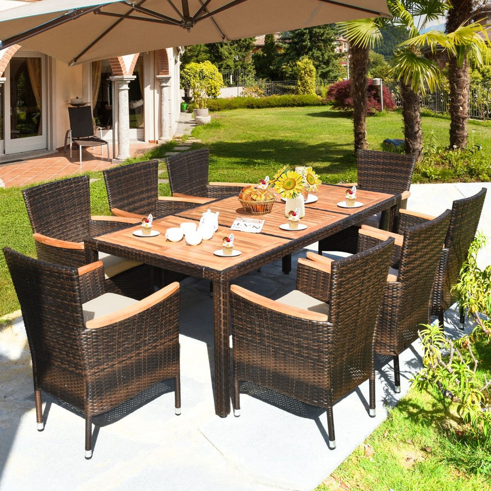 Salon de Jardin en Rotin 9 Pièces pour 8 Personnes Plateau de Table en Acacia Ensemble de Salle à Manger avec Coussins Amovibles Charge 160KG -