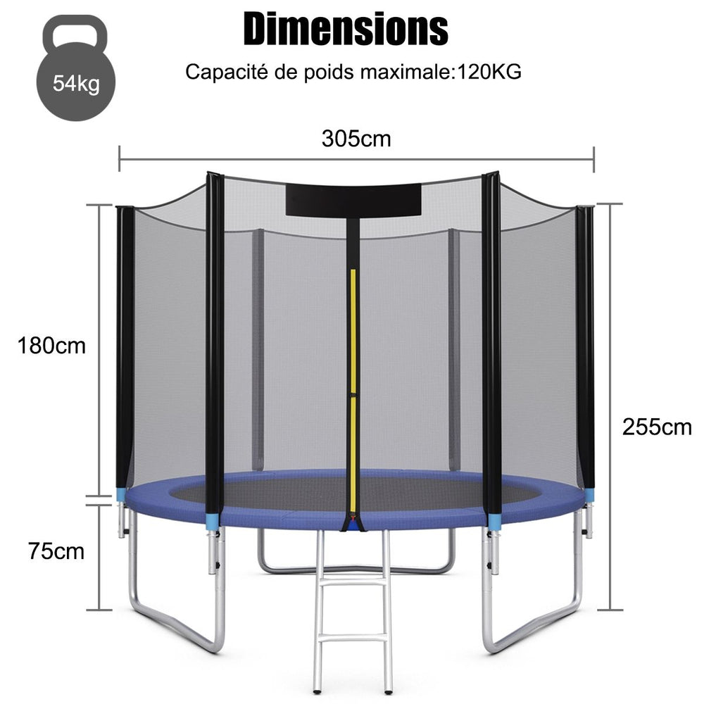 Trampoline de Jardin Ø 305cm avec Filet de Sécurité Porte Entrée Echelle Noir et Bleu -