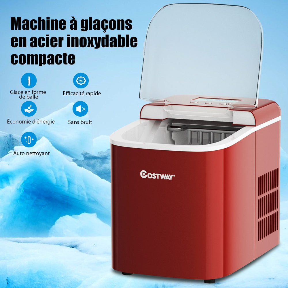 Machine à Glaçons 12KG/24H 2 Tailles de Glaçons 2,1L Réservoir 9pcs en 7 Minutes Pelle Panier Amovible Comptoir Maison Rouge -