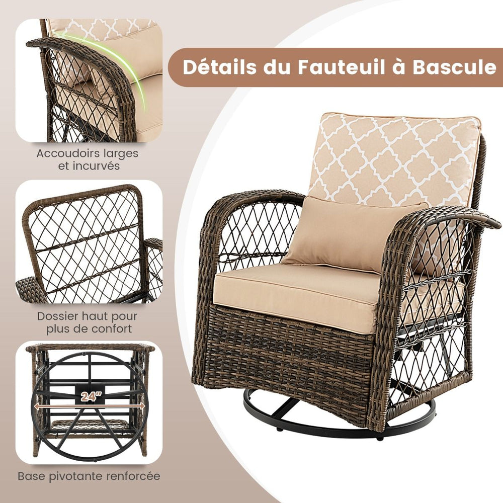 Salon de Jardin Extérieur 3PCS - 2 en Fauteuils à Bascule Pivotant à 360°Rotin PE Cadre Métal our Terrasse Balcon -