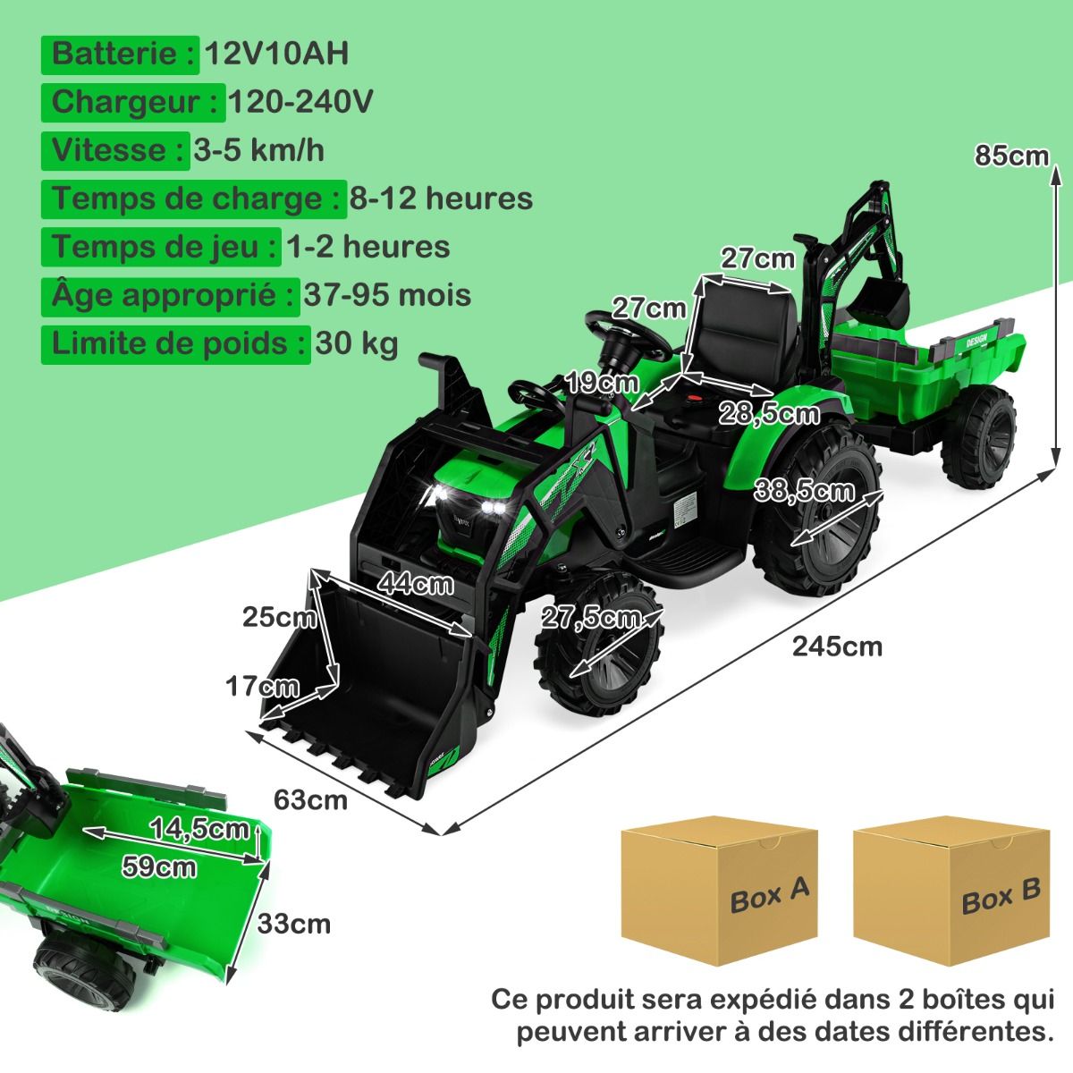 Tracteur Electrique 12 V pour Enfants 3-5 km/h Tlcommande MP3 USB Vert/Jaune -