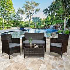 Salon de Jardin 4 PCS Mobilier de Terrasse en Rotin PE pour Véranda Patio Terrasse Piscine Marron et Gris -