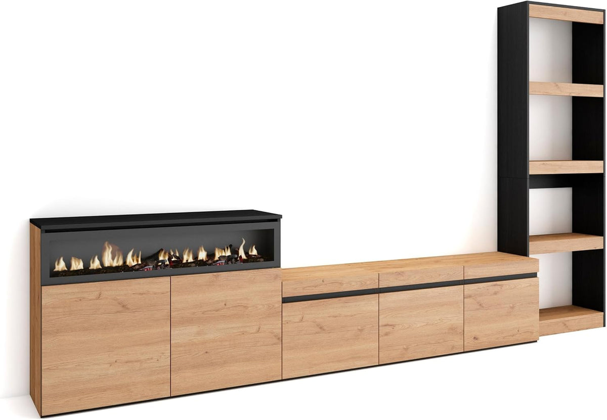 Skraut Home | Ensemble Meuble TV | Meuble Salon Complet | 310x186x35cm | pour Les TV jusqu'à 65" | Cheminée électrique | Style Moderne | Chêne et Noir