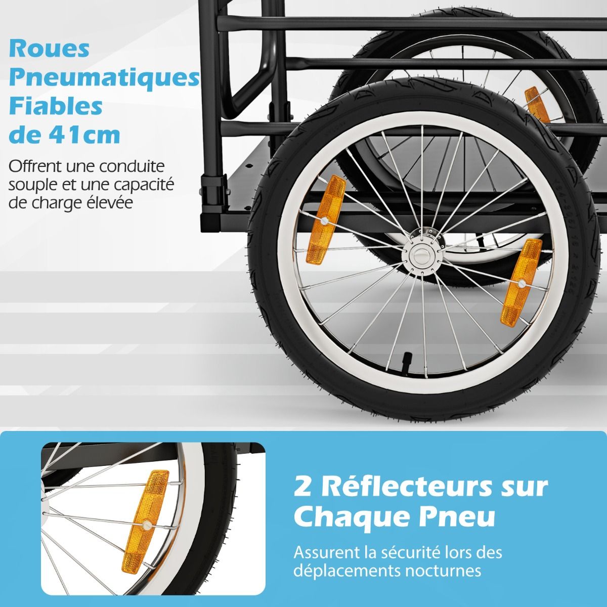 Remorque de Vélo avec Cadre Pliable Charge 55 kg Chariot pour Vélo avec Housse en Tissu Oxford Roues à Air de 40 cm Réflecteurs Bleu -
