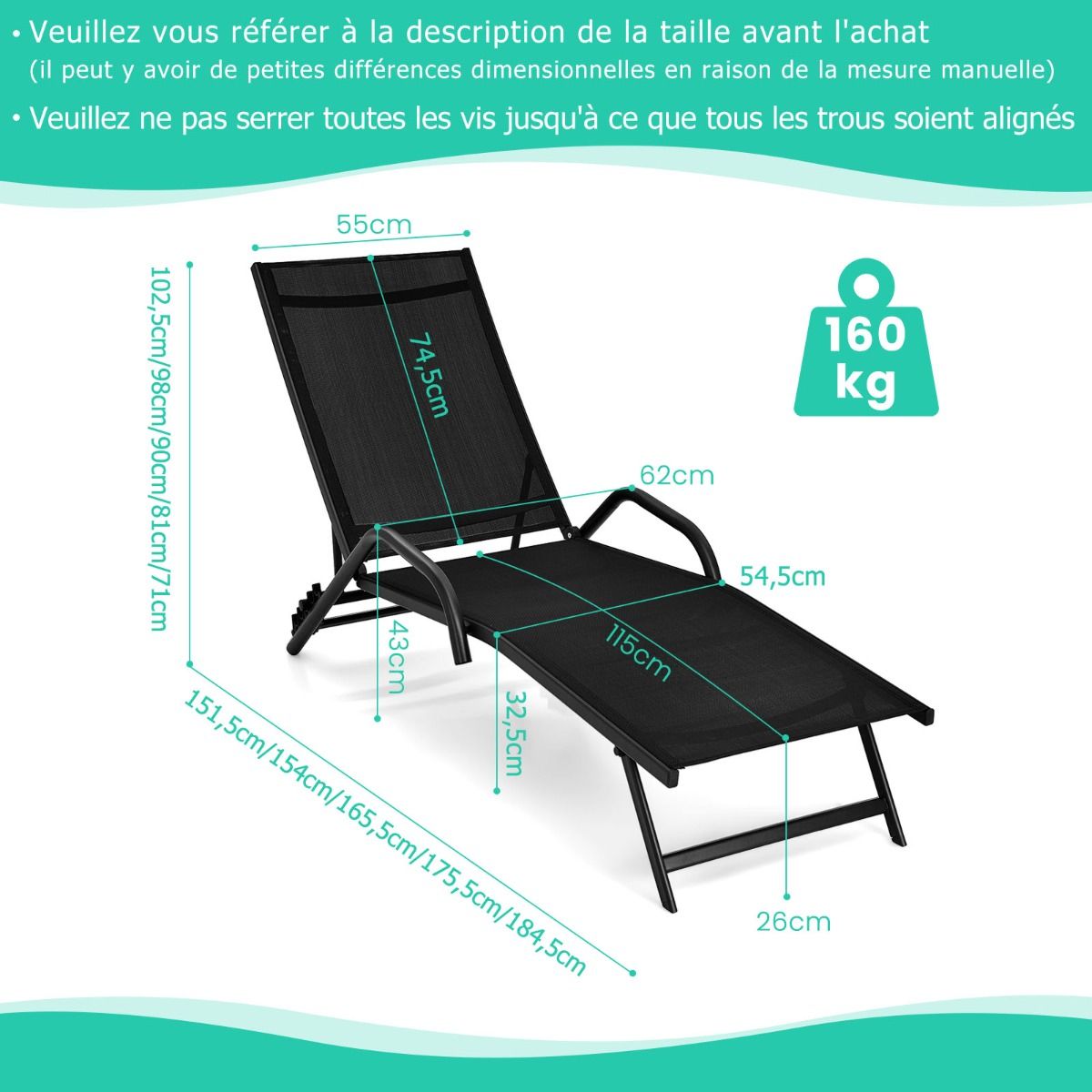 Lot de 2 Bains de Soleil Inclinables d'Extrieur avec Accoudoirs et Dossier Rglable  5 Positions Charge 160 kg Noir -
