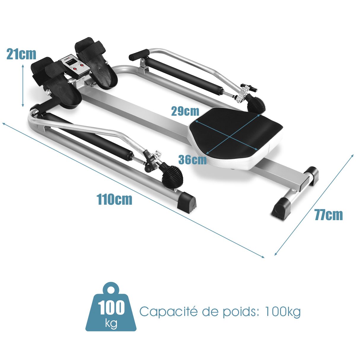Rameur de Fitness Rsistance Hydraulique Rglable 50kg Affichage LCD Pdale Antidrapante Charge de 100 kg Argent -