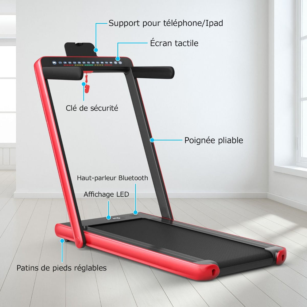 Tapis de Course Pliable 0,75HP Double Affichage LED APP et Télécommande Vitesse Motorisé 12 km/h Surface 40x100cm Rouge -