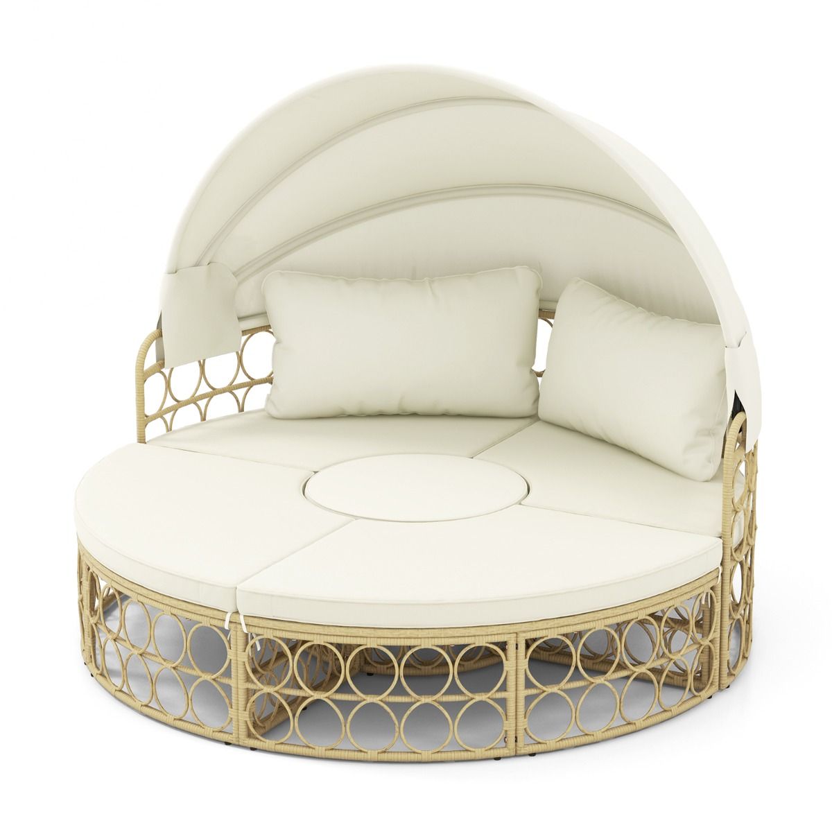 Lit de Repos Rond pour Patio avec Auvent Rétractable Ensemble de Siège Sectionnels Séparés en Rotin PE avec Coussins Doux Blanc -