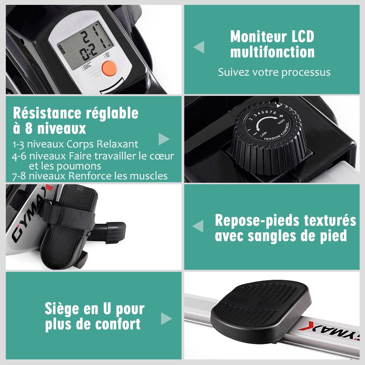Rameur Magnétique Pliable 8 Niveaux de Résistance Écran LCD Numérique Poids Supporté de 100 KG pour Maison et Bureau -