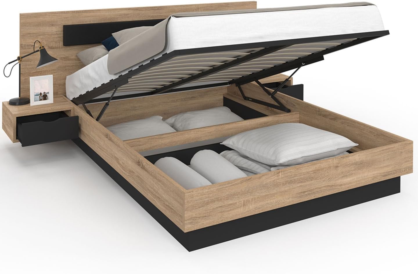 IDMarket - Lit Coffre Santa avec Tables de chevets intégrées et sommier 140x190cm Couleur Bois et Noir