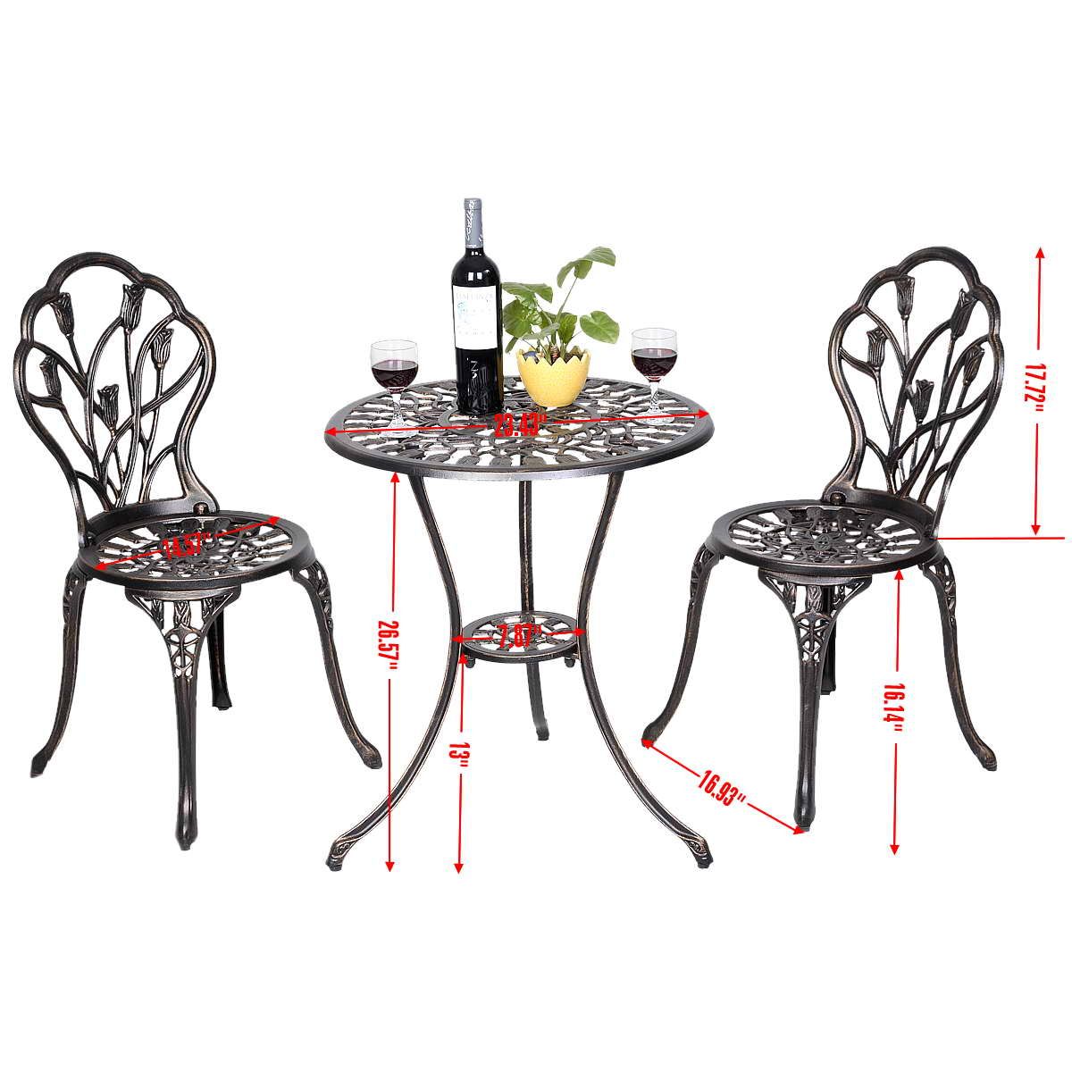 Salon de jardin avec 1 table ronde et 2 chaises en fonte d’aluminium Style rétro avec motif tulipe avec trou de parasol -