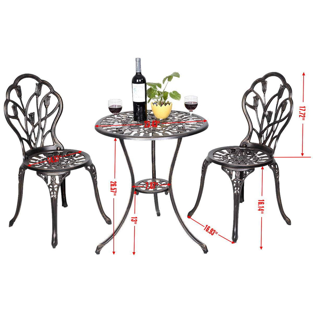 Salon de jardin avec 1 table ronde et 2 chaises en fonte d’aluminium Style rétro avec motif tulipe avec trou de parasol -