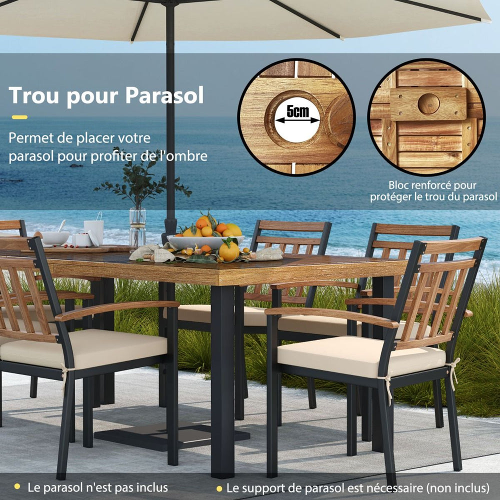 Table de Jardin 200 CM pour 8 Personnes Table Exterieur en Bois d’Acacia avec Trou de Parasol Dia.5 CM Design Latte Pieds en Métal -
