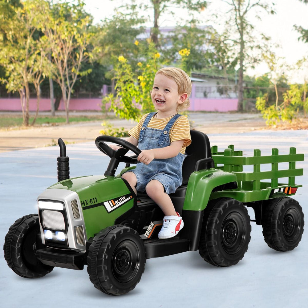 Tracteur Electrique avec Remorque pour Enfants 3 Vitesses Lumières LED Fonctions o USB et Bluetooth Jaune/Rose/Rouge/Vert/Vert Foncé/Noir -