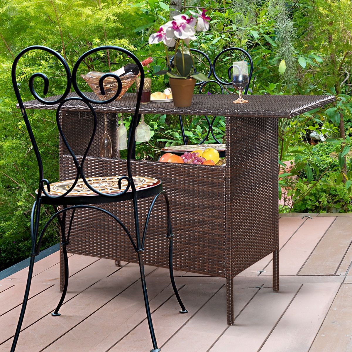 Table de Bar de Jardin en Rsine Tresse avec 2 Etagres de Rangement 2 de Rails pour Porte-Verres Marron -