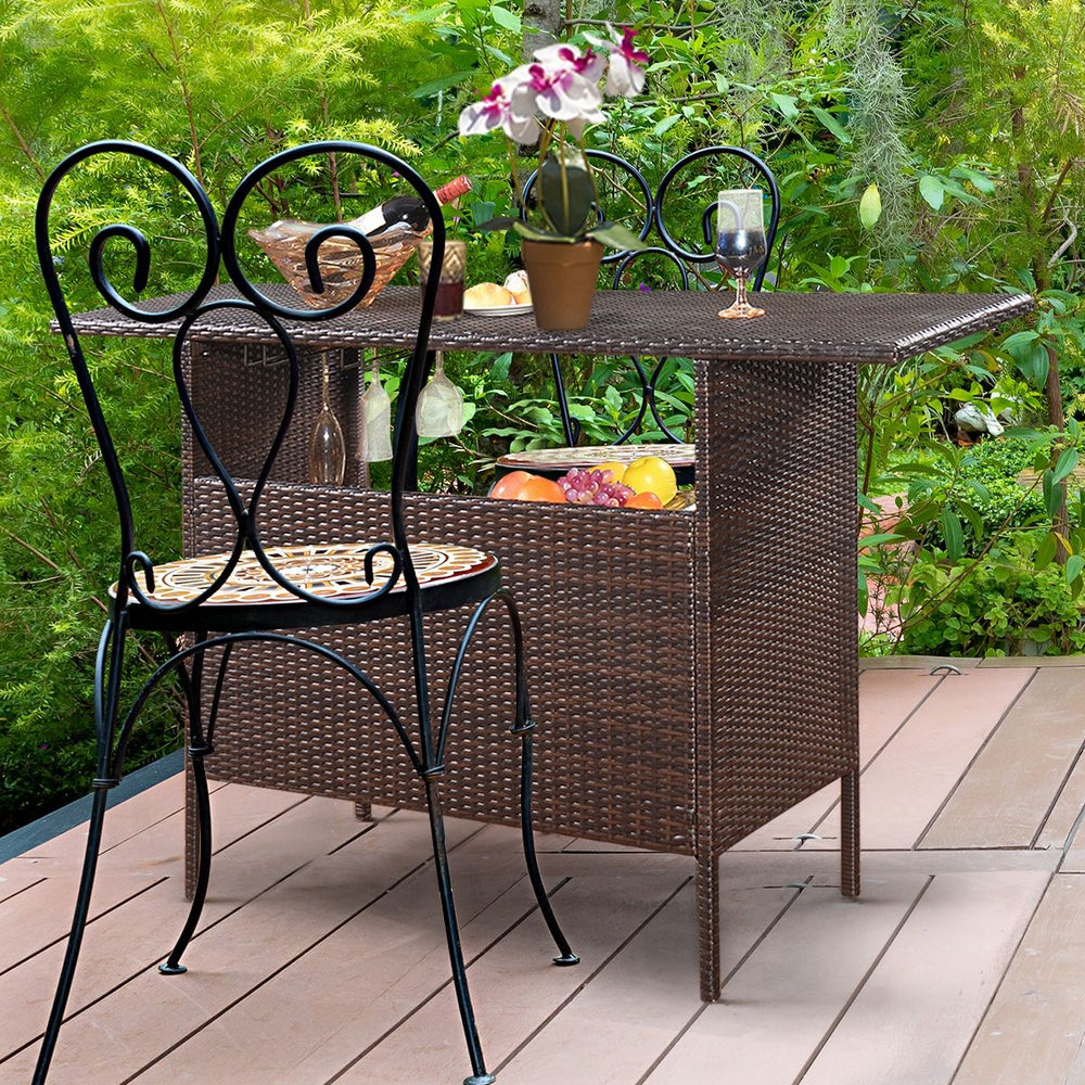 Table de Bar de Jardin en Rsine Tresse avec 2 Etagres de Rangement 2 de Rails pour Porte-Verres Marron -