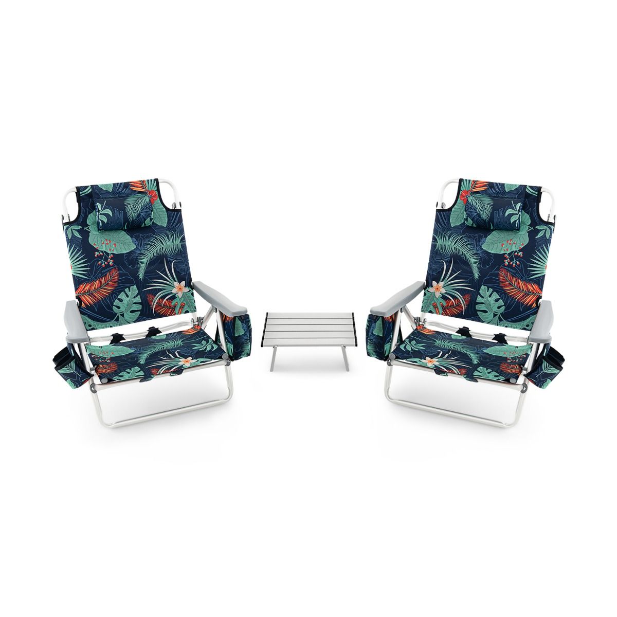 Lot de 2 Chaises de Camping Plage Pliante Table Enroulable en Aluminium Appui-tête Dossier Réglable à 5 Positions 6 Couleurs au Choix -