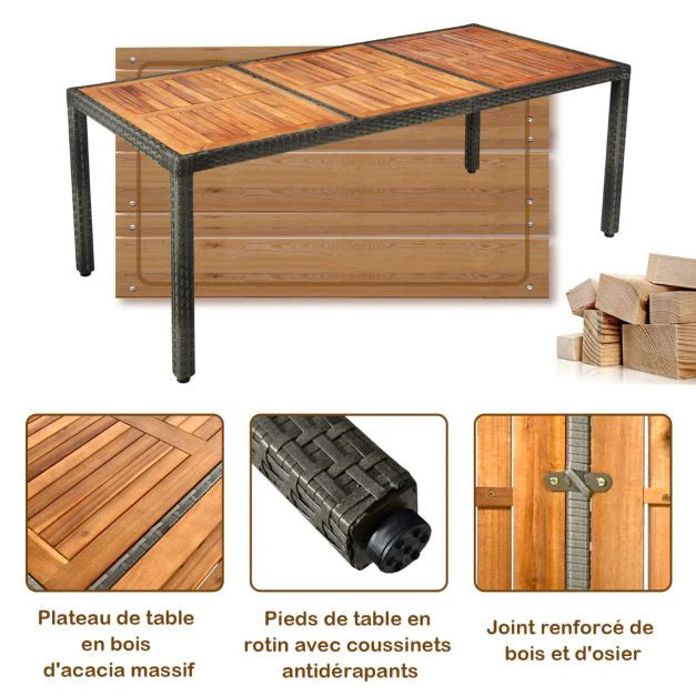 Salon de jardin avec 1 table et 8 chaises en bois et rotin anti-uv pieds réglables et coussins imperméables inclus 20_0009211 -