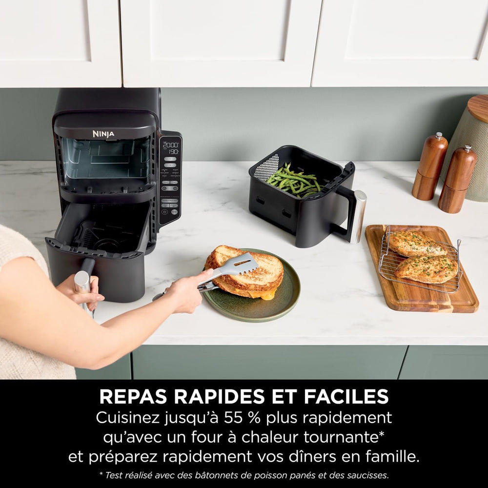 Foodi FlexDrawer Air Fryer,Dual Zone Avec Sparateur Amovible,Grand Tiroir de 10,4 L,7-en-1,Double Zone,Sans Huile,Pices Antiadhsives Compatibles Au Lave-Vaisselle,Noir AF500EU
