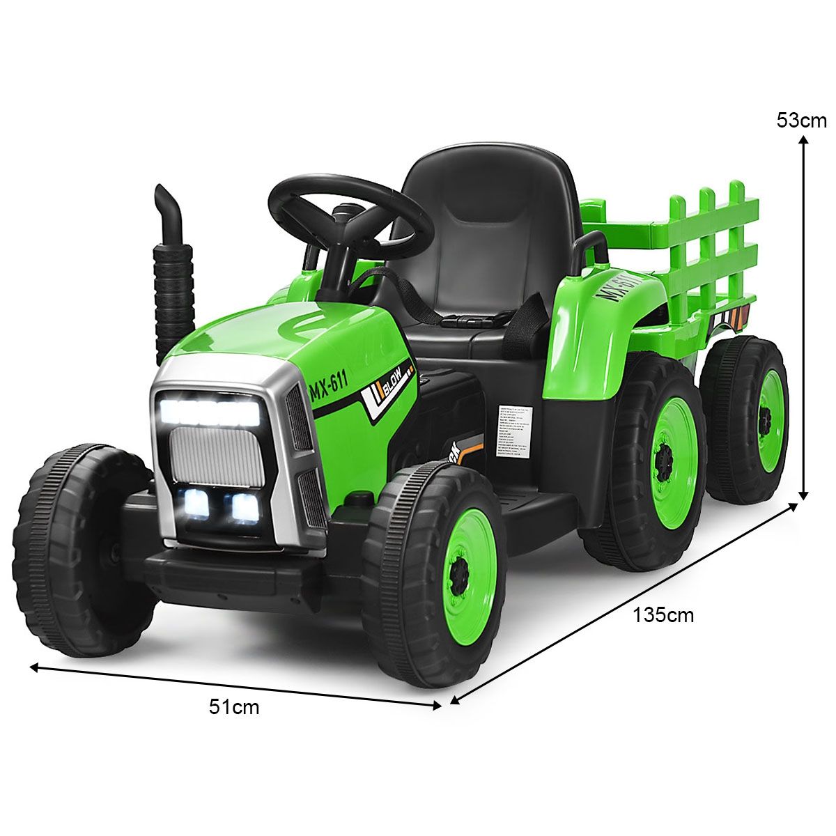 Tracteur Electrique avec Remorque pour Enfants 3 Vitesses Lumières LED Fonctions o USB et Bluetooth Jaune/Rose/Rouge/Vert/Vert Foncé/Noir -