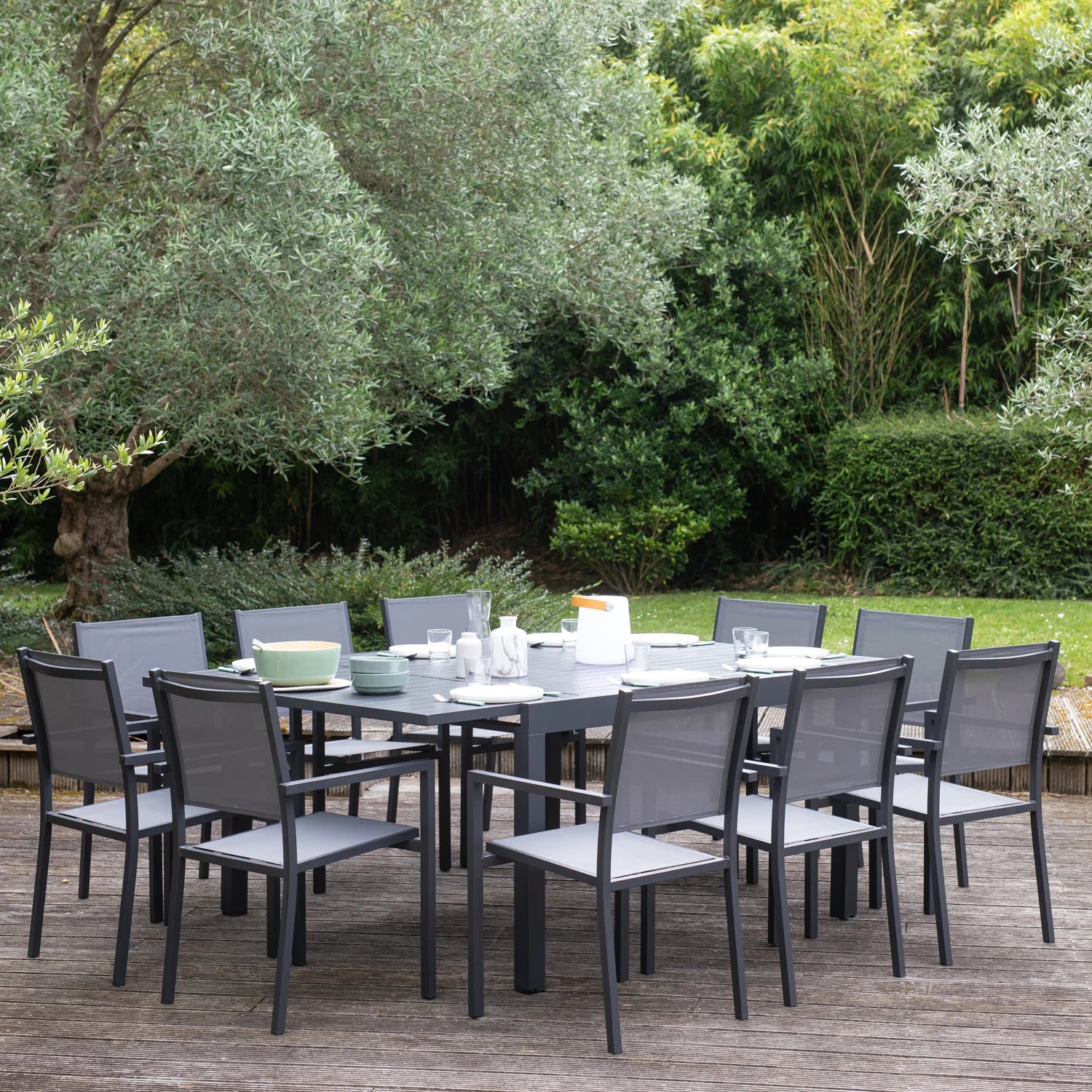 Salon de jardin extensible 10 places de 140/200cm en textilène gris - aluminium anthracite VENEZIA -