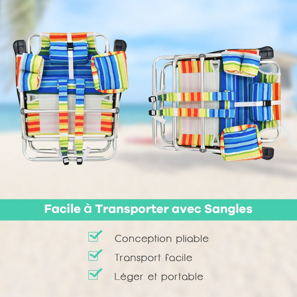Lot de 2 Chaises de Camping Plage Pliante Table Enroulable en Aluminium Appui-tête Dossier Réglable à 5 Positions 6 Couleurs au Choix -