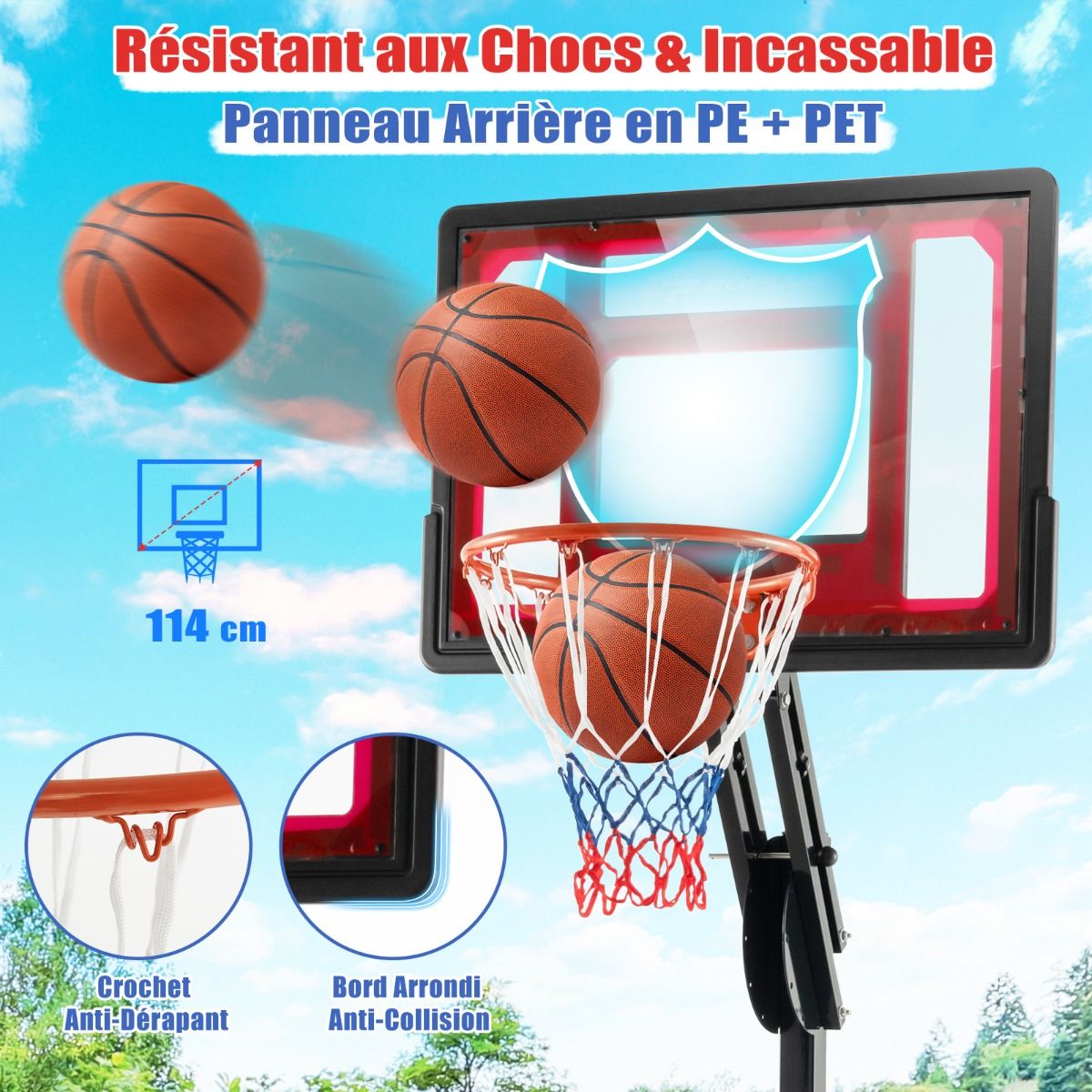 Panier de Basketball sur Pieds avec Hauteur Réglable 1,55-3,1m Support de Basketball avec Panneau Arrière en PE pour Enfants et Jaunes -