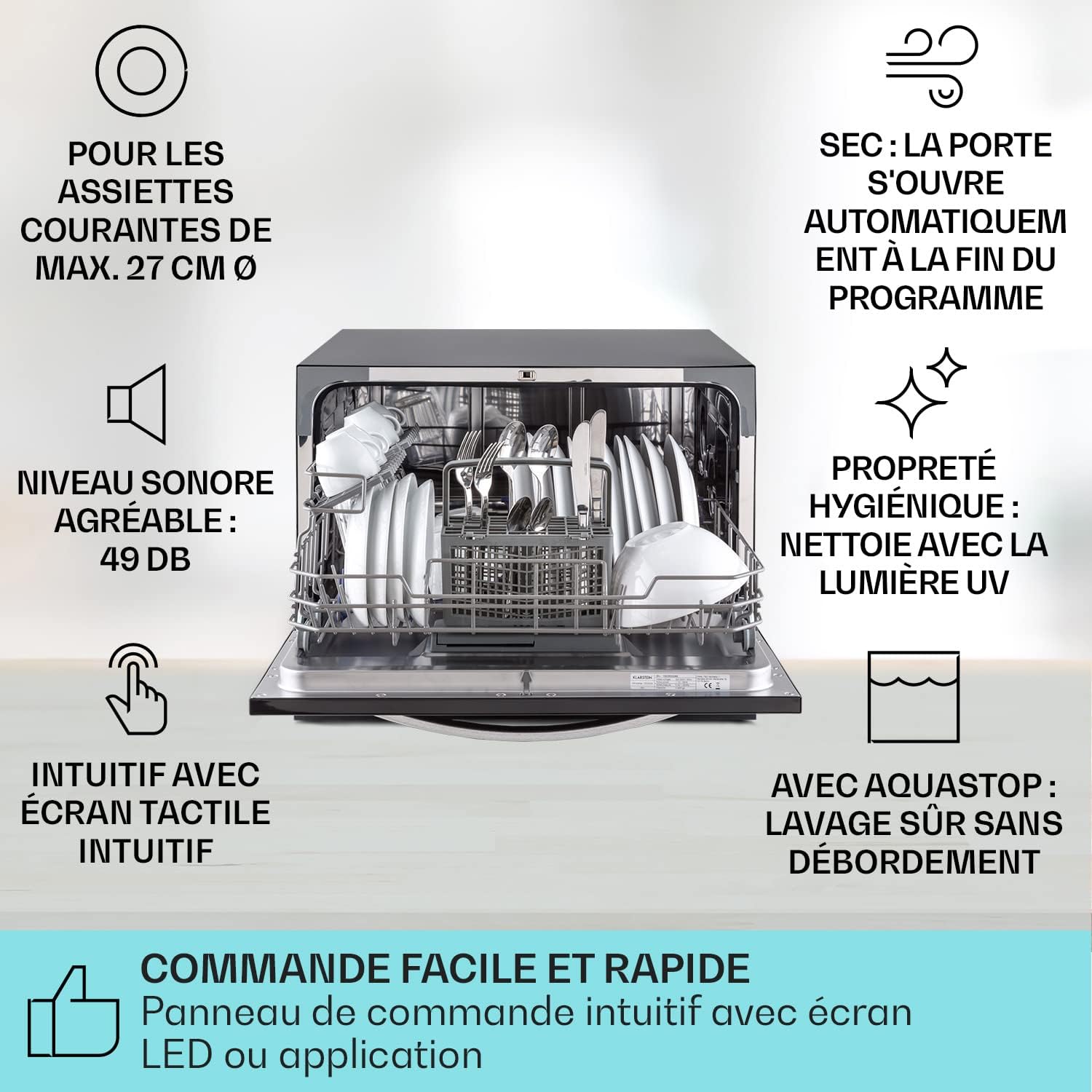 Mini Lave Vaisselle de Table de 8 Couvert,Silencieux,6 Programmes de Lavage,Portable,Facile à Installer pour la Maison et Bureau -