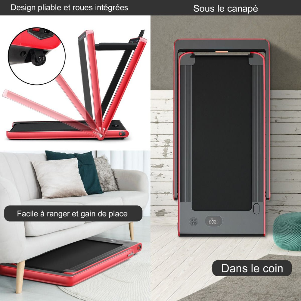 Tapis de Course Pliable 0,75HP Double Affichage LED APP et Télécommande Vitesse Motorisé 12 km/h Surface 40x100cm Rouge -