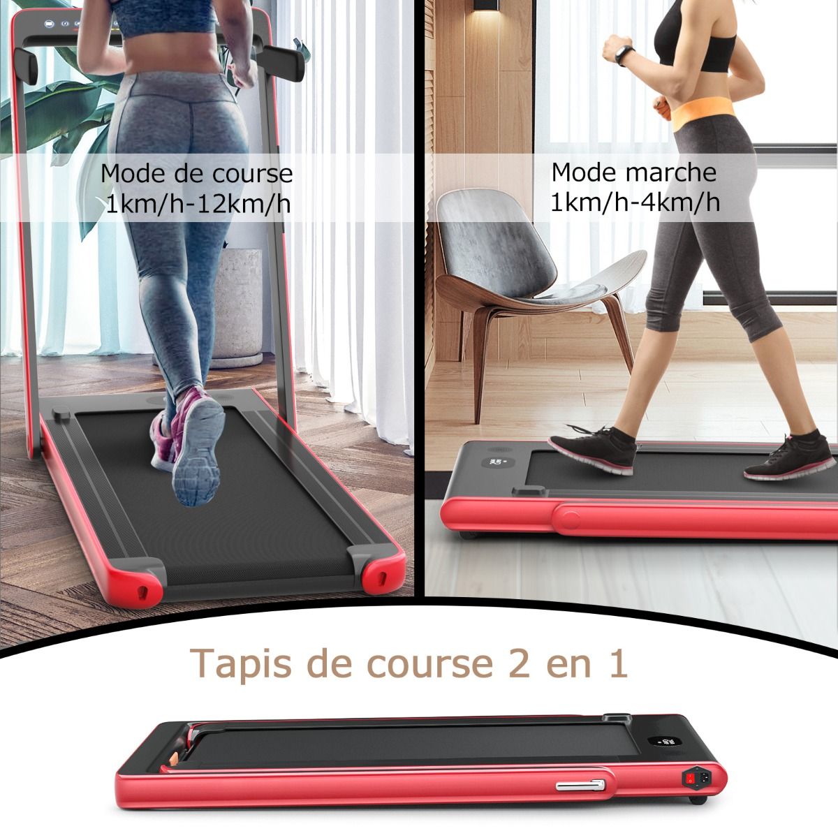 Tapis de Course Pliable 0,75HP Double Affichage LED APP et Tlcommande Vitesse Motoris 12 km/h Surface 40x100cm Rouge -