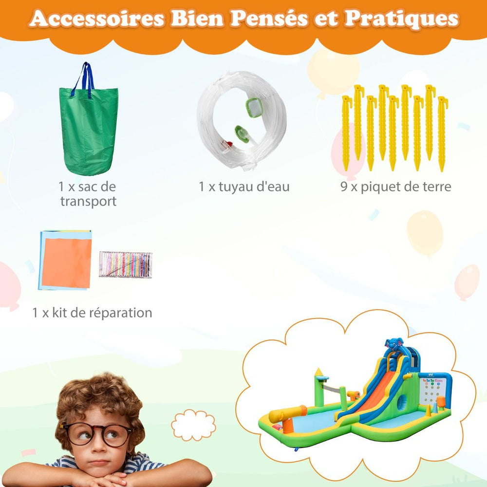 Toboggan Aquatique Gonflable Géant pour Enfants Piscine à Éclaboussures sures Mur D'escalade Canons à Eau Lancer D'anneaux Cerceau (sans Souffleur) Multicolore -
