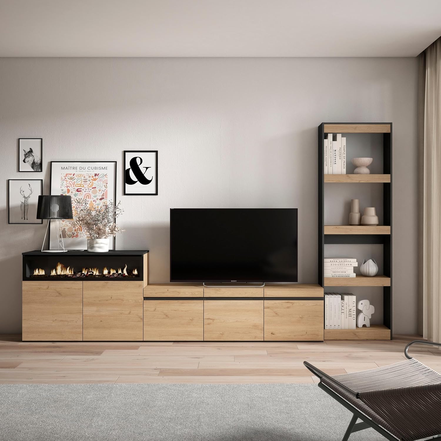 Skraut Home | Ensemble Meuble TV | Meuble Salon Complet | 310x186x35cm | pour Les TV jusqu'à 65" | Cheminée électrique | Style Moderne | Chêne et Noir