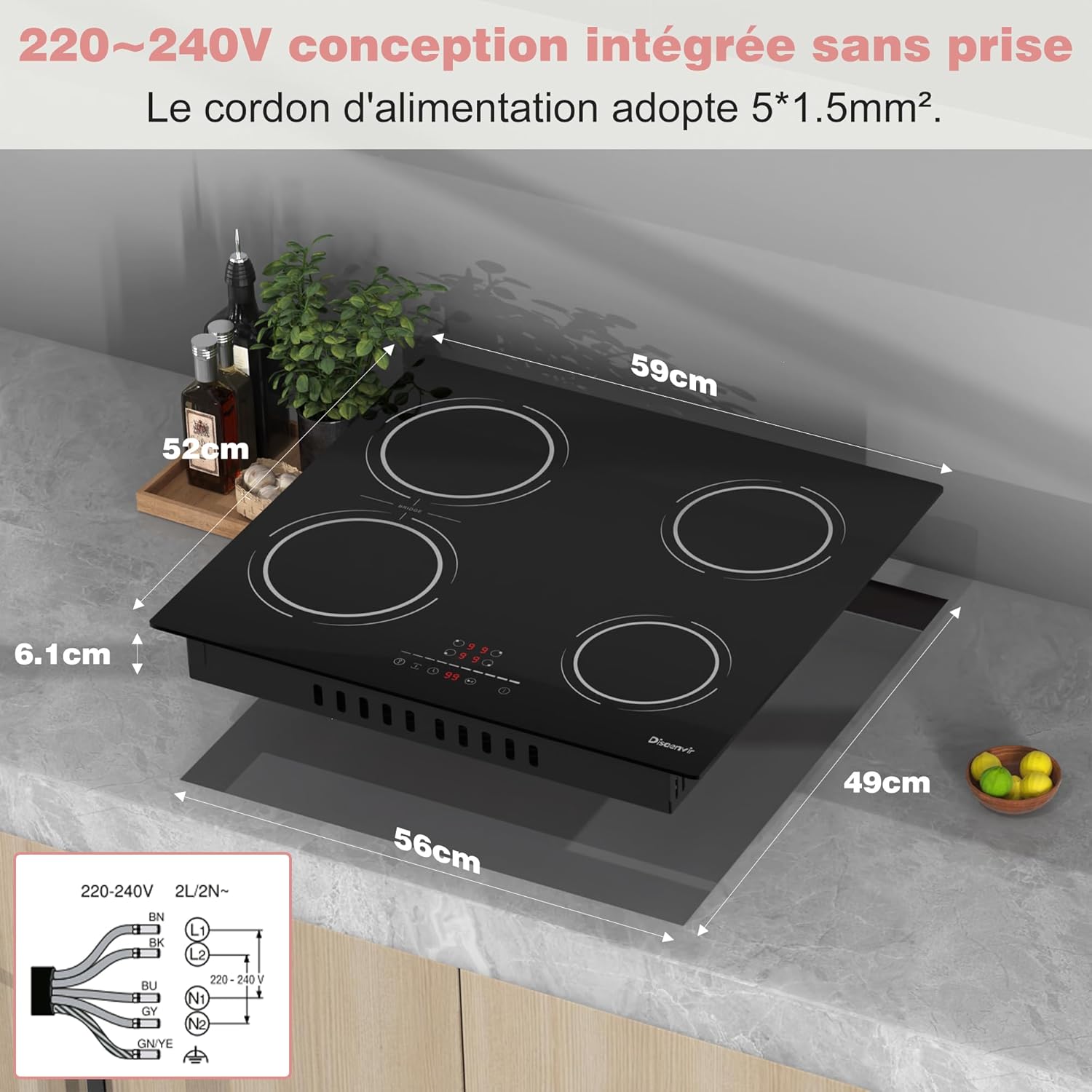 Plaque Induction 4 Feux Encastrable 6400W, Plaque de Cuisson Induction Zone Flexible, Plaque Electrique 60cm, Fonction Pause, 9 Niveaux, Controle tactile, Minuterie, Serrure pour Enfants