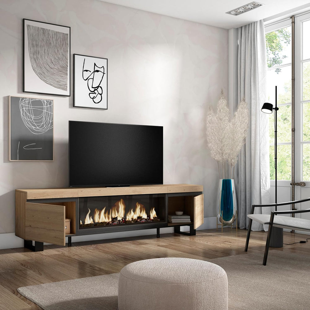 Skraut Home | Meuble TV | Banc Télé | Grand Espace de Rangement | 210 | pour Les TV jusqu'à 80" | Cheminée électrique XXL | Design Industriel | Style Moderne | Chêne