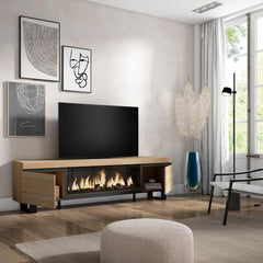 Skraut Home | Meuble TV | Banc Télé | Grand Espace de Rangement | 210 | pour Les TV jusqu'à 80" | Cheminée électrique XXL | Design Industriel | Style Moderne | Chêne