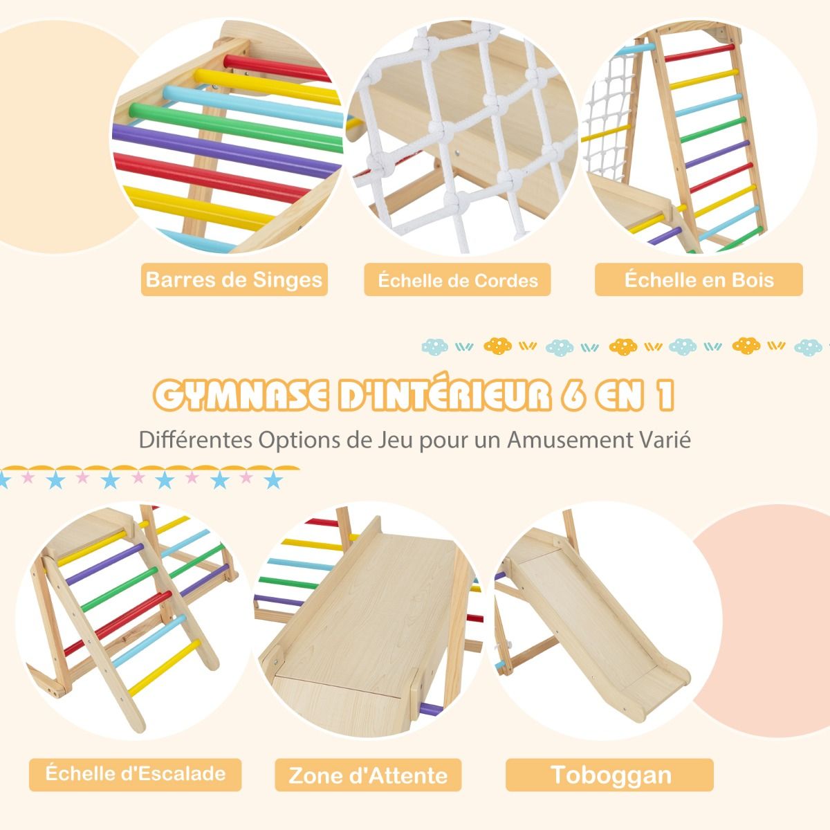 Triangle d'Escalade 6 en 1 en Bois avec Toboggan et Filet Barre pour Grimper Ramper et Glisser 1 An+ Coloré/Naturel -