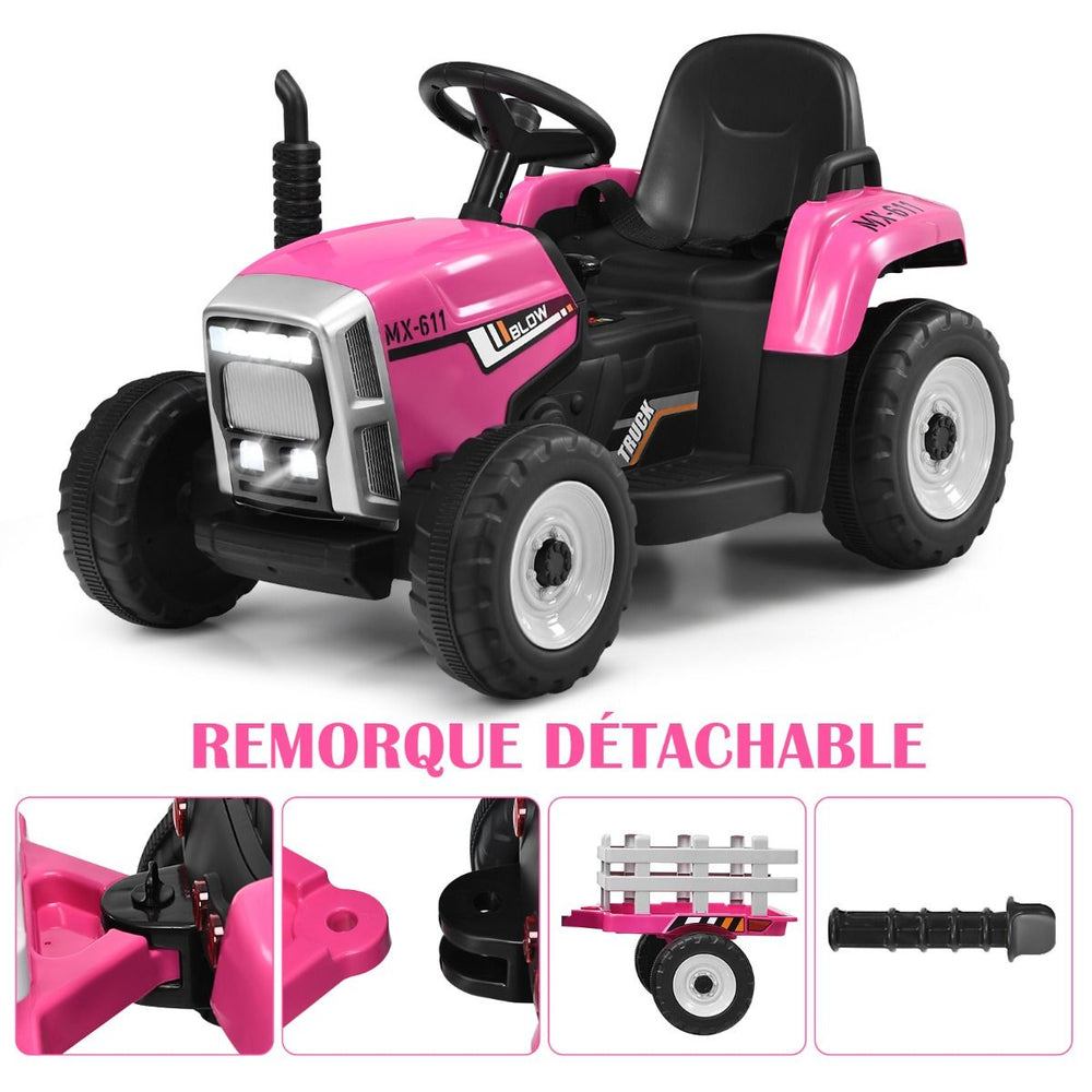 Tracteur Electrique avec Remorque pour Enfants 3 Vitesses Lumières LED Fonctions o USB et Bluetooth Jaune/Rose/Rouge/Vert/Vert Foncé/Noir -
