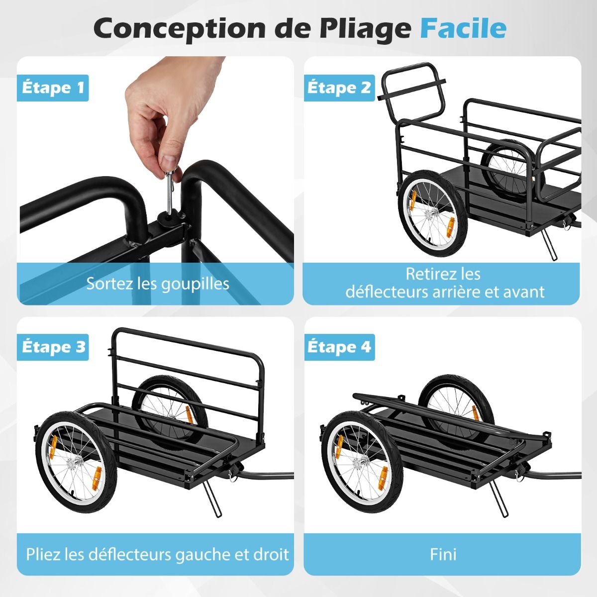 Remorque de Vlo avec Cadre Pliable Charge 55 kg Chariot pour Vlo avec Housse en Tissu Oxford Roues  Air de 40聽cm Rflecteurs Bleu -