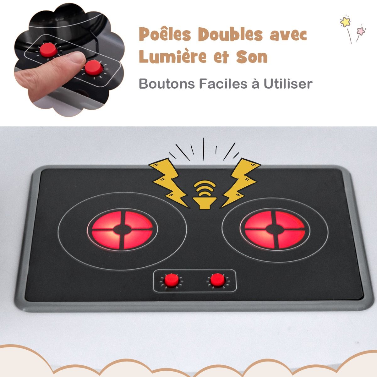 Jeu de Cuisine d'Angle pour Enfants de 3 Ans et Plus en Bois Machine à Glaçons Porte-serviettes Accessoires Effets Sonores et Lumineux -