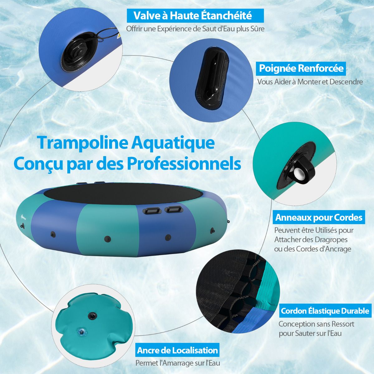 Trampoline Aquatique Gonflable Dia.457cm Capacité de 150kg avec Kit de Réparation Echelle et Gonfleur Electrique 500w Bleu -