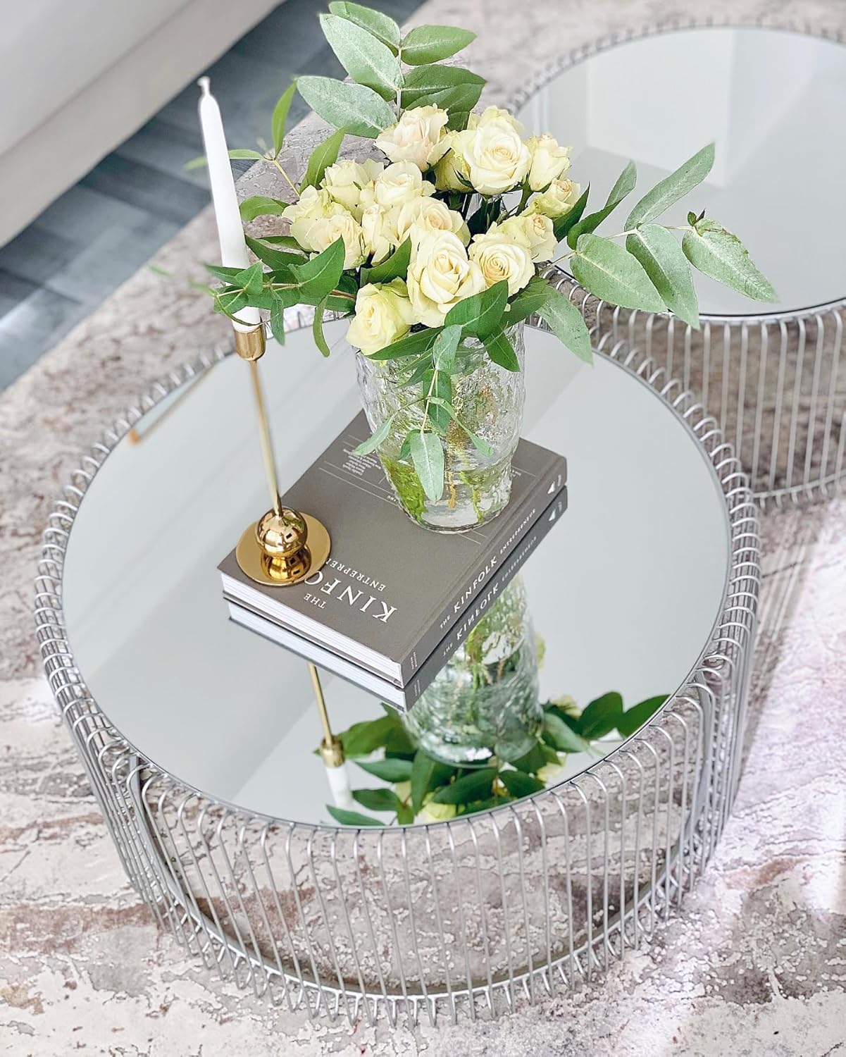 Kare Design Tables basses Wire, argenté/miroir, rond, acier, verre, table basse salon lot de 2, meuble, table de salon, chambre, Ø70cm, Ø60cm