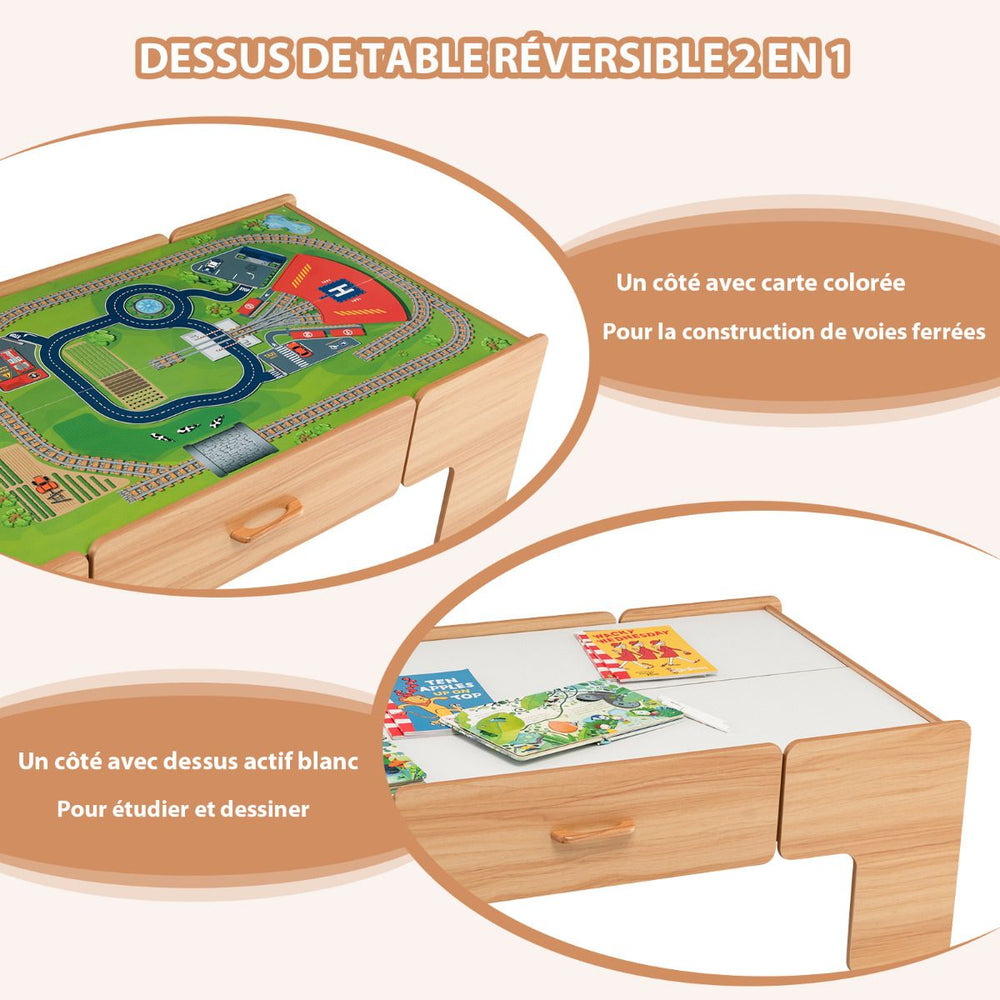 Table Circuit Train en Bois 100 Accessoires avec Tiroir de Rangement Jouet Educative pour Enfants 3 Ans + -
